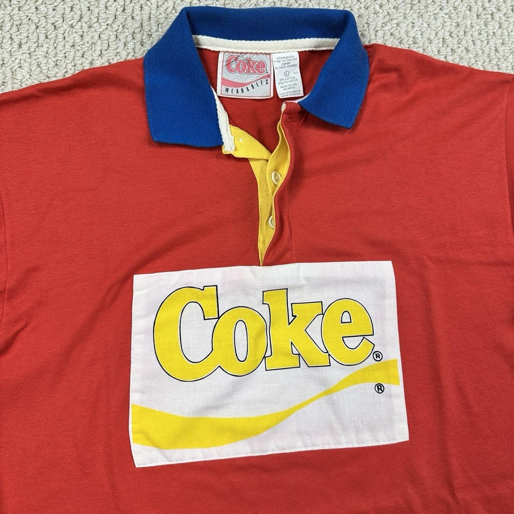 Vtg 80s Coca Cola Rugby Polo Shirt Mens L Coke Wearables 50/50 Logo Made in USA - Picture 9 of 14